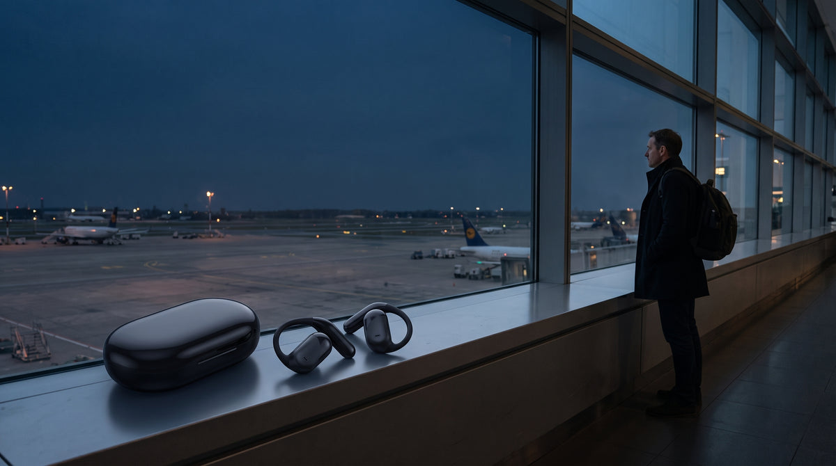 Voyageur devant la baie vitrée d'un aéroport au crépuscule, l'étui et les écouteurs traducteurs posés sur le rebord
