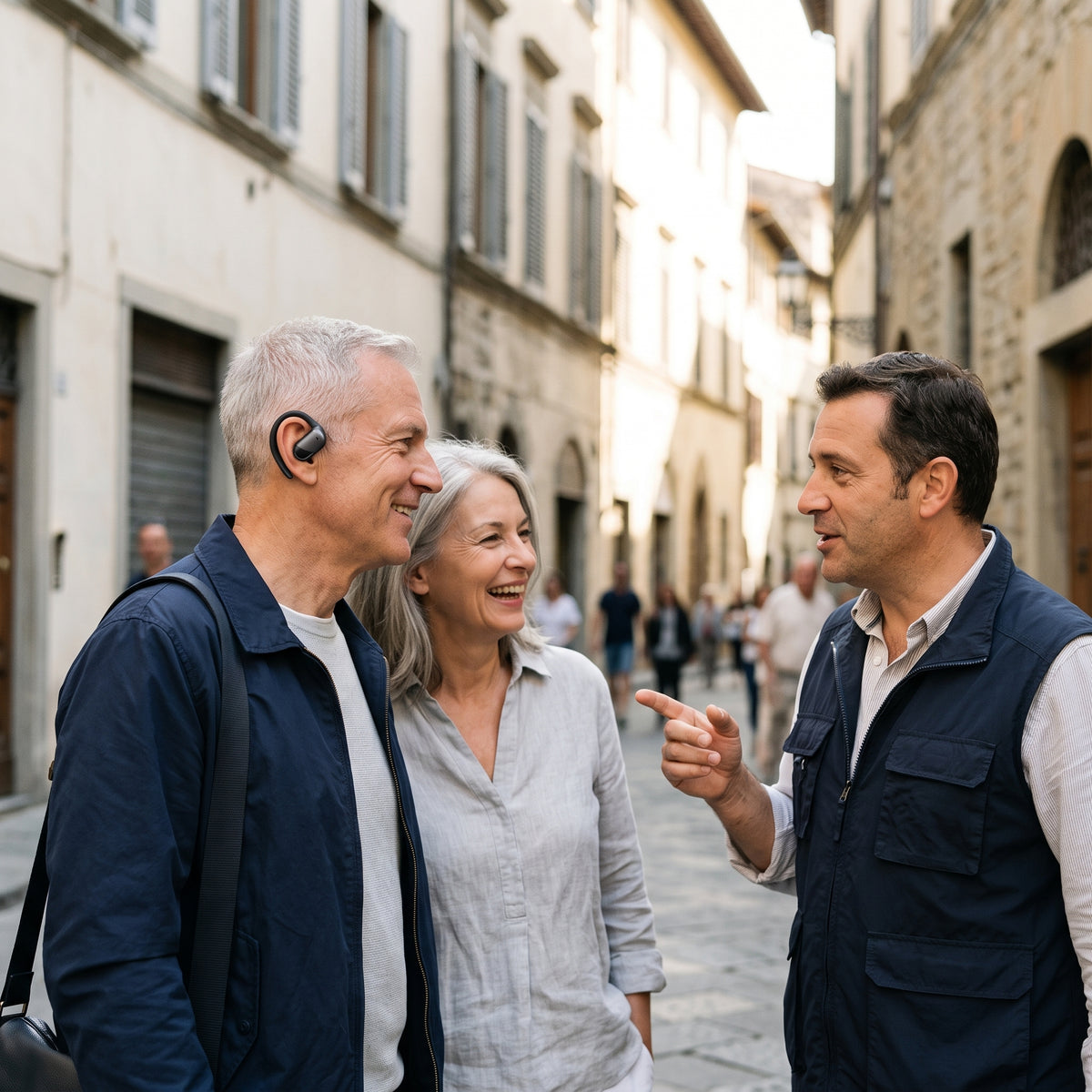 Couple de voyageurs qui échange avec un habitant dans une rue italienne, écouteur traducteur à l'oreille
