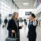 Voyageuse dans un hall d'aéroport demandant son chemin avec un écouteur traducteur sur l'oreille