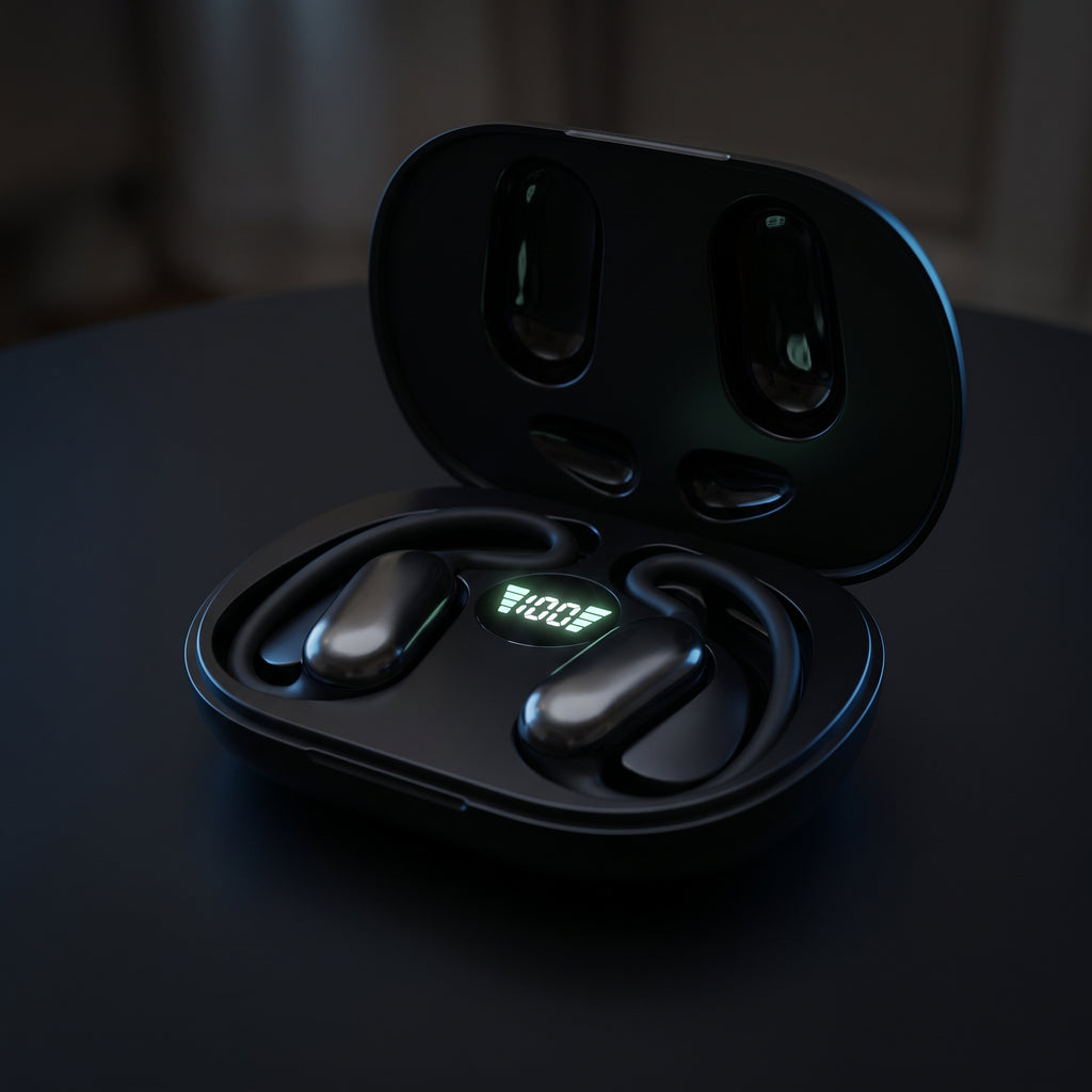 Étui de charge ouvert des écouteurs traducteurs avec l'écran LED allumé dans la pénombre