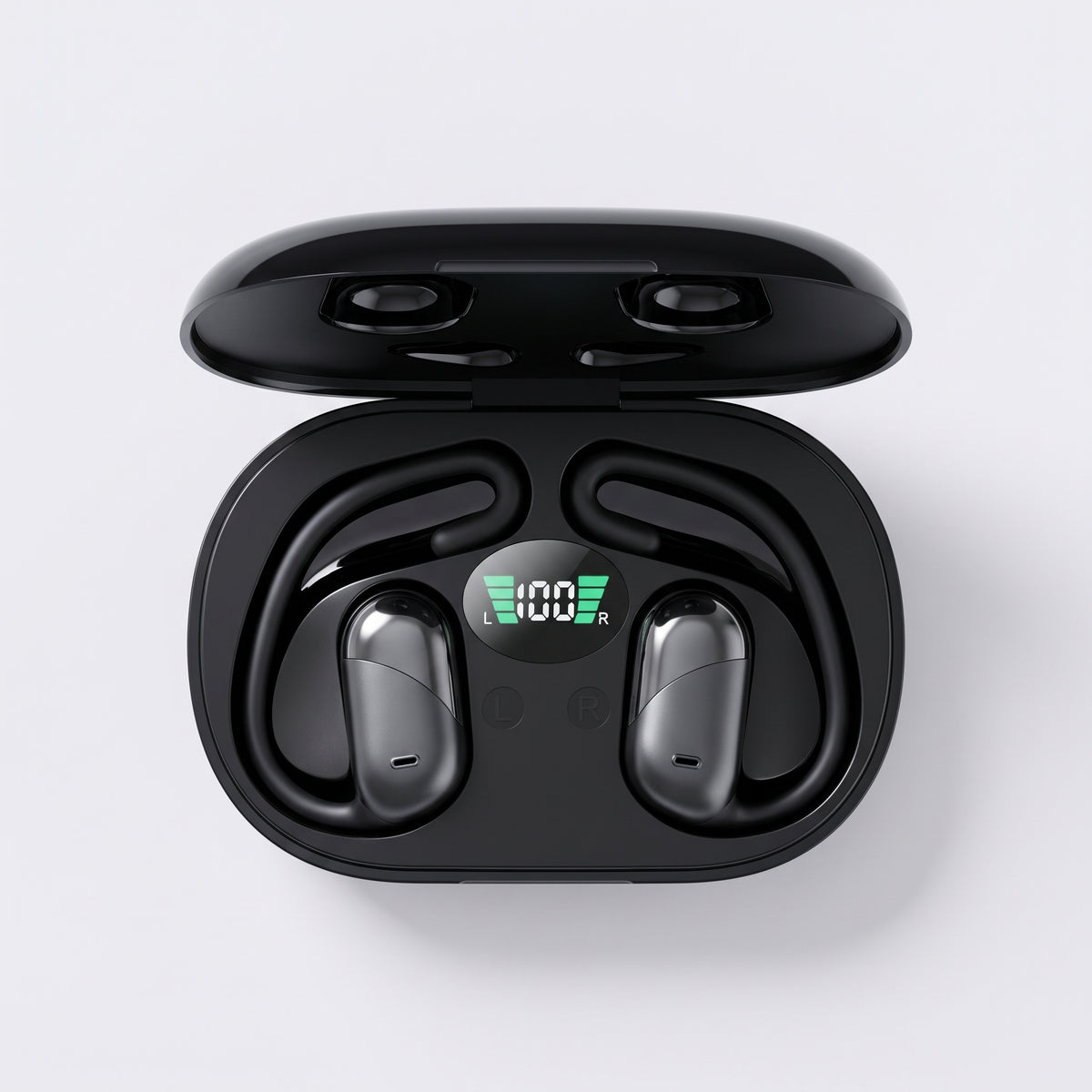 Étui de charge ouvert vu de dessus avec les deux écouteurs traducteurs en place