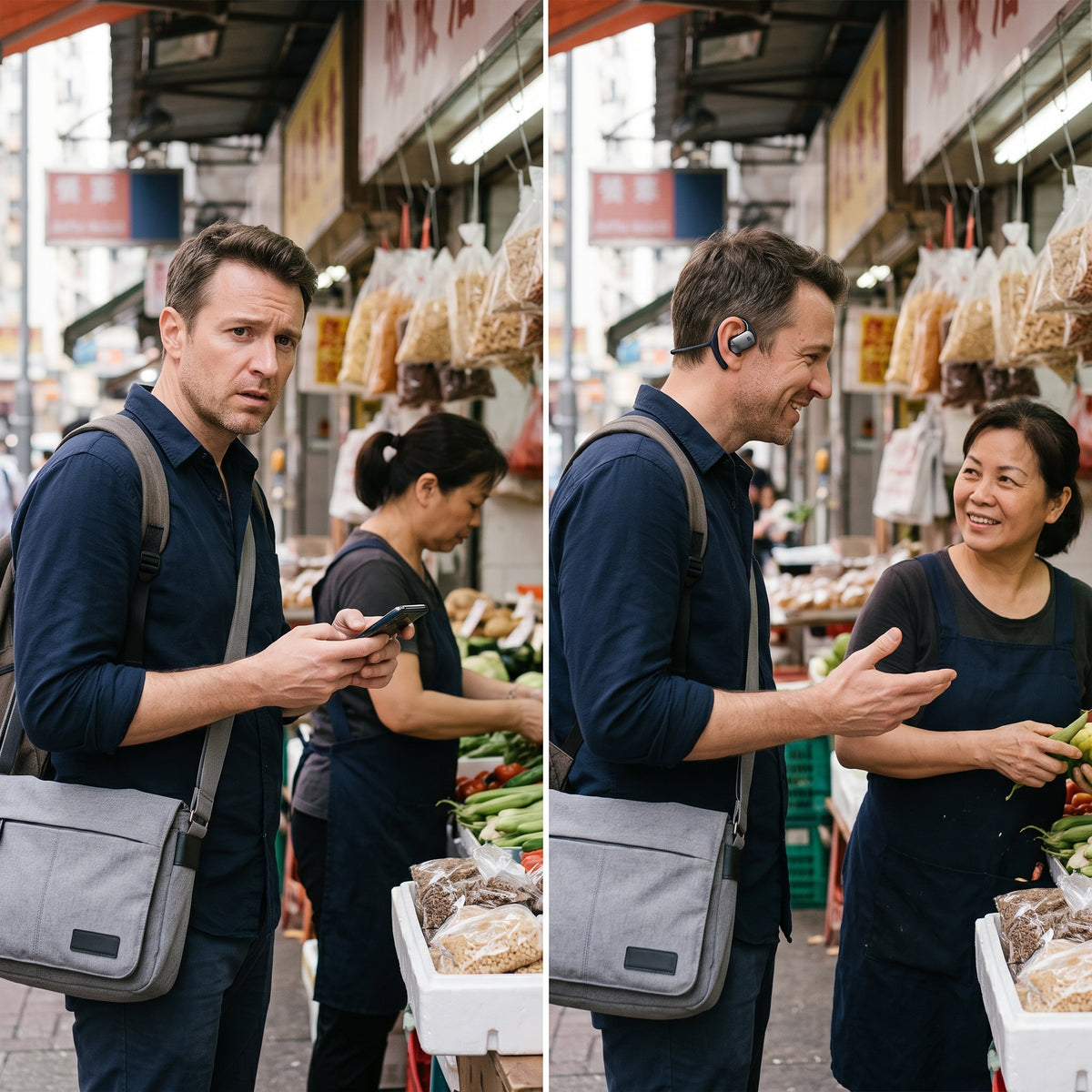 Avant, après : un touriste perdu avec son téléphone sur un marché, puis discutant avec la marchande grâce à l'écouteur traducteur