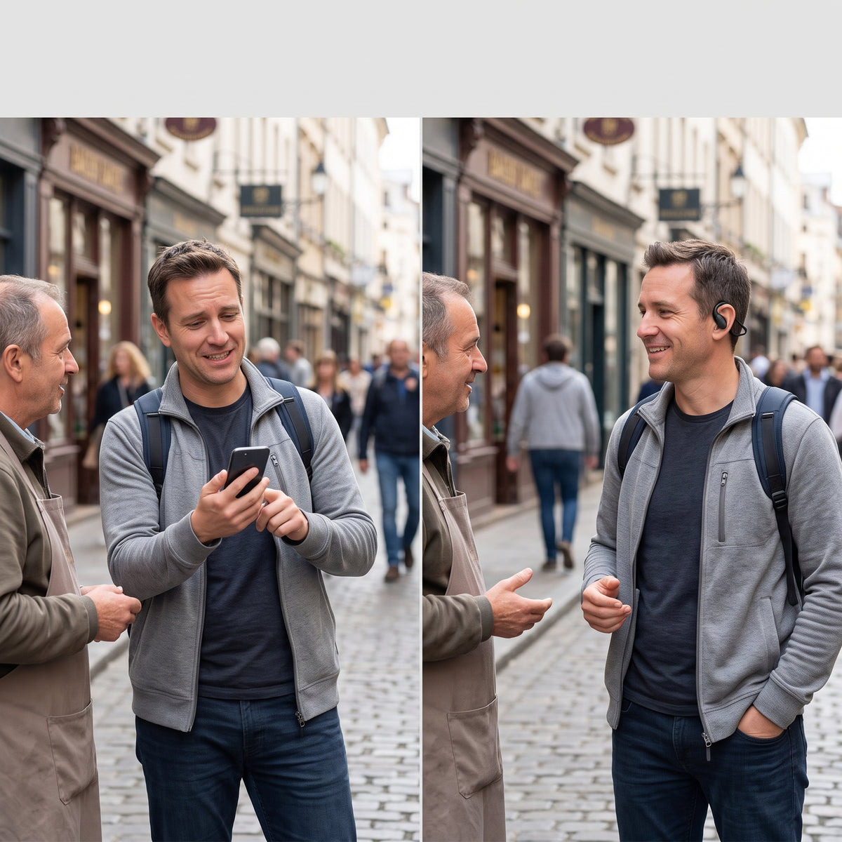 Comparaison : un voyageur traduit avec son téléphone, puis discute mains libres avec un écouteur traducteur